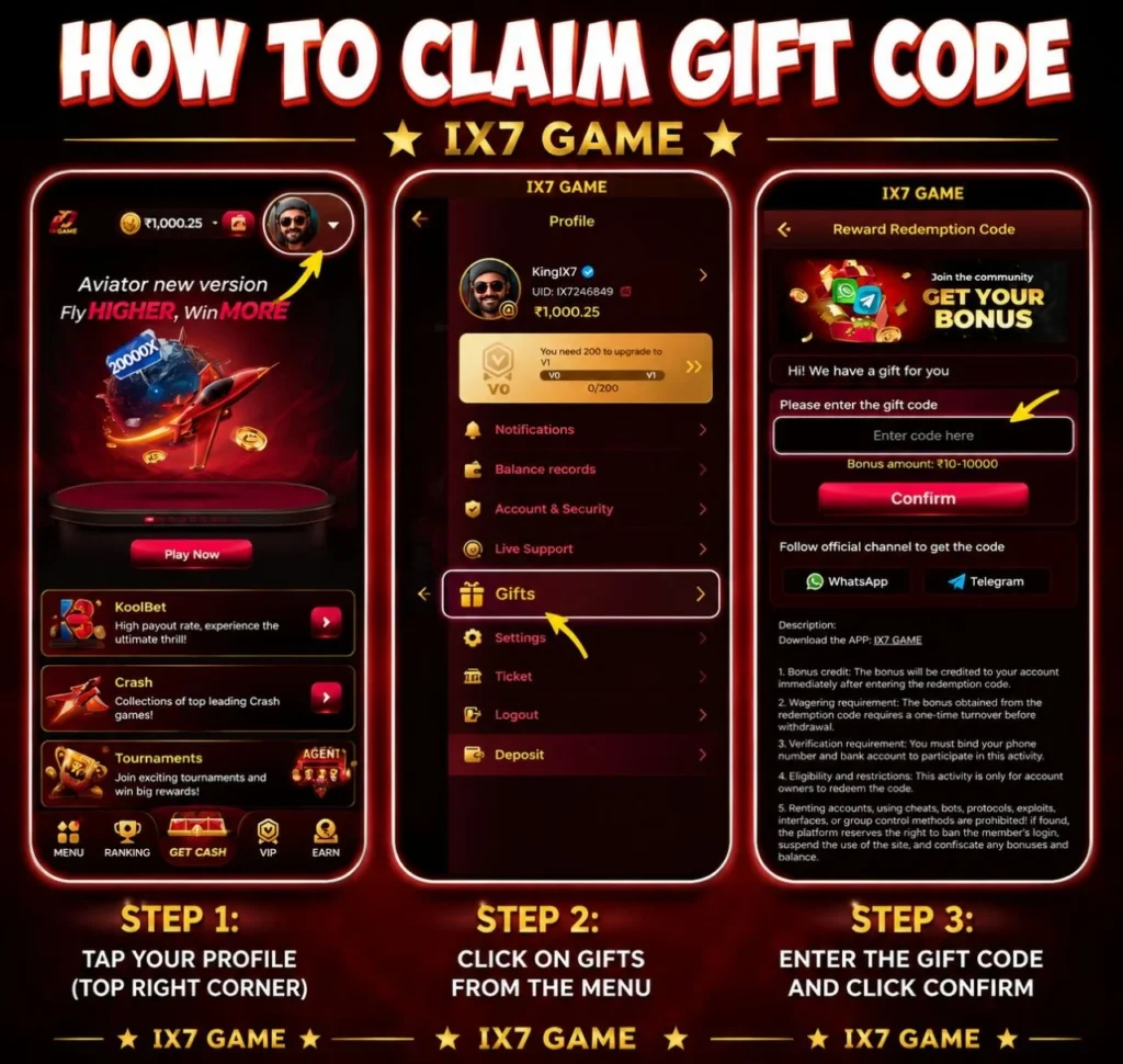 Step-by-step IX7 APK gift code claim guide showing how to redeem rewards in the IX7 Game app