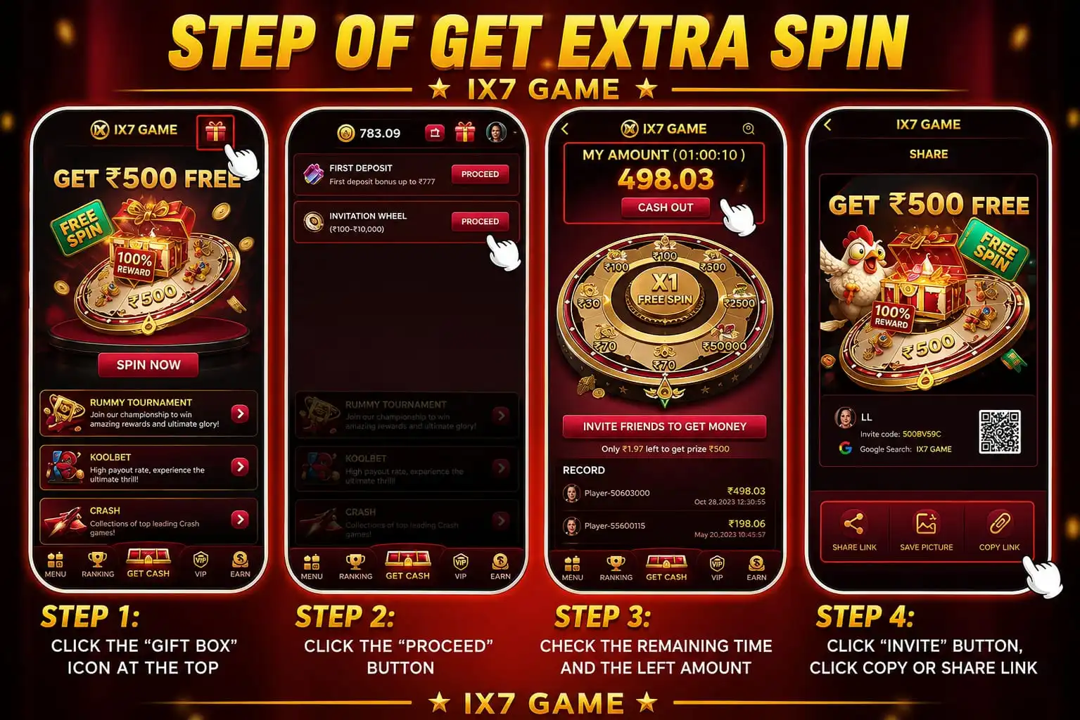 IX7 extra spin reward tutorial showing how to access free spin rewards and invite features in the IX7 Game app