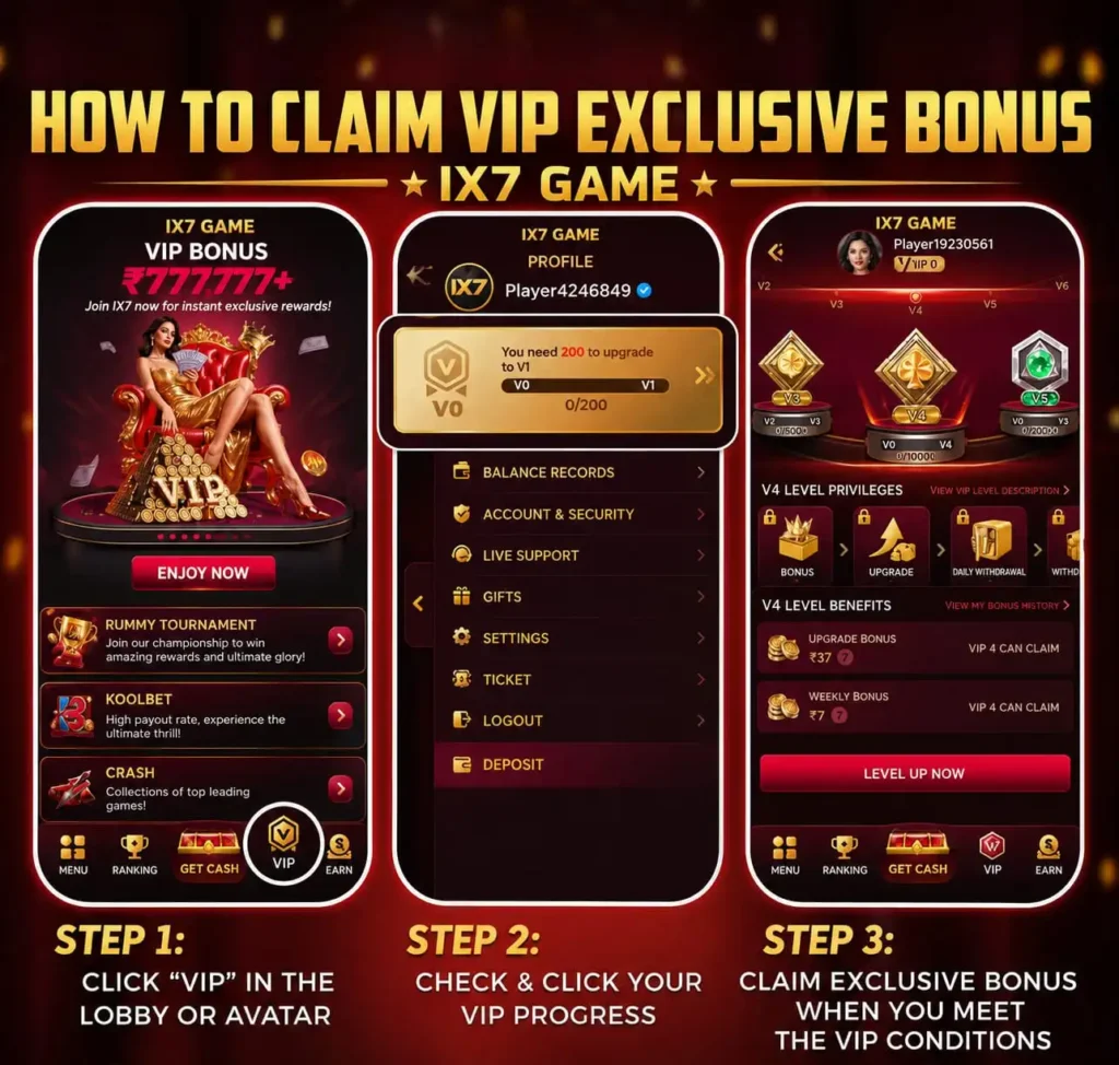 IX7 VIP exclusive bonus guide showing how to unlock VIP rewards and claim exclusive bonuses in the IX7 Game app